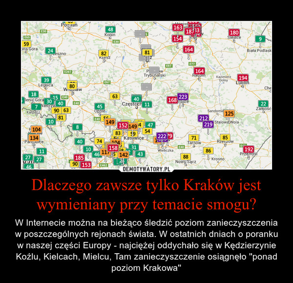 Dlaczego zawsze tylko Kraków jest wymieniany przy temacie smogu? – W Internecie można na bieżąco śledzić poziom zanieczyszczenia w poszczególnych rejonach świata. W ostatnich dniach o poranku w naszej części Europy - najciężej oddychało się w Kędzierzynie Koźlu, Kielcach, Mielcu, Tam zanieczyszczenie osiągnęło ''ponad poziom Krakowa'' 
