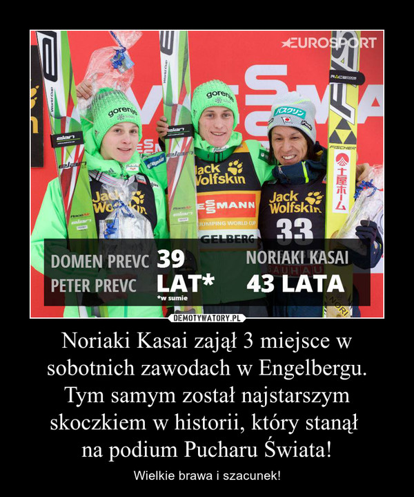 Noriaki Kasai zajął 3 miejsce w sobotnich zawodach w Engelbergu. Tym samym został najstarszym skoczkiem w historii, który stanął na podium Pucharu Świata! – Wielkie brawa i szacunek! 
