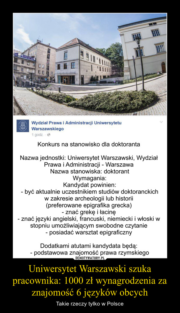 Uniwersytet Warszawski szuka pracownika: 1000 zł wynagrodzenia za znajomość 6 języków obcych