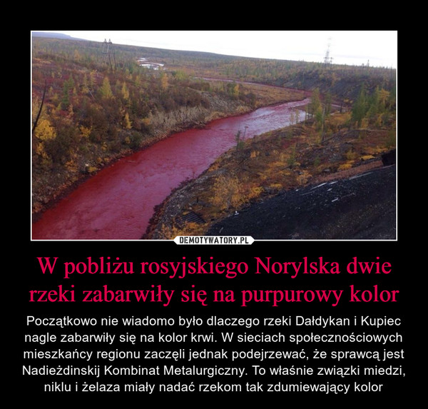 W pobliżu rosyjskiego Norylska dwie rzeki zabarwiły się na purpurowy kolor