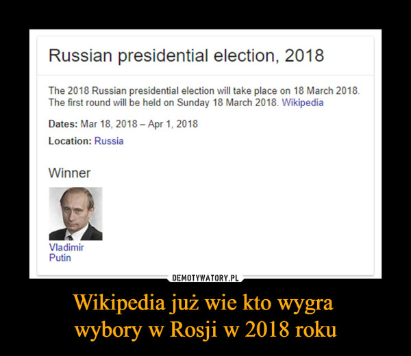 Wikipedia już wie kto wygra wybory w Rosji w 2018 roku –  