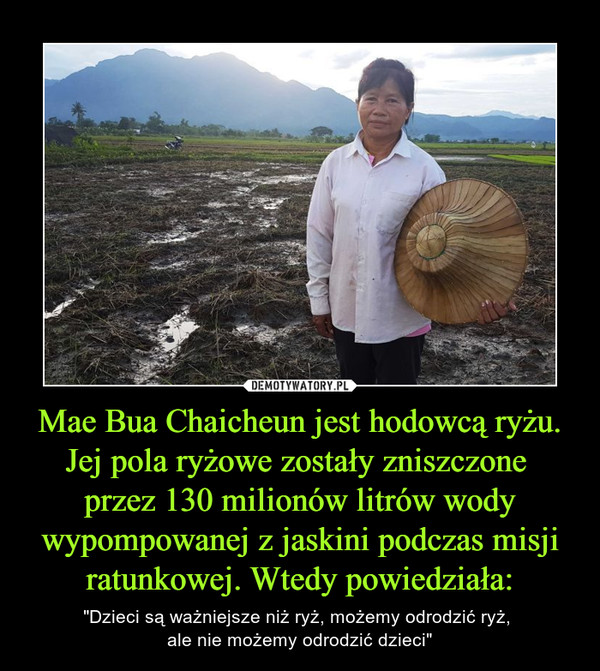 Mae Bua Chaicheun jest hodowcą ryżu. Jej pola ryżowe zostały zniszczone przez 130 milionów litrów wody wypompowanej z jaskini podczas misji ratunkowej. Wtedy powiedziała: – "Dzieci są ważniejsze niż ryż, możemy odrodzić ryż, ale nie możemy odrodzić dzieci" 