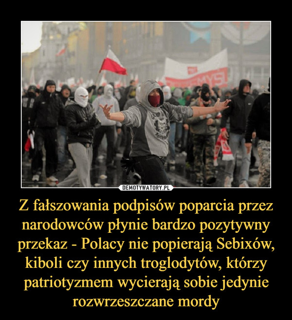 Z fałszowania podpisów poparcia przez narodowców płynie bardzo pozytywny przekaz - Polacy nie popierają Sebixów, kiboli czy innych troglodytów, którzy patriotyzmem wycierają sobie jedynie rozwrzeszczane mordy