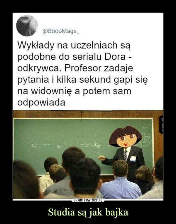 Studia są jak bajka –  Wykłady na uczelniach są podobne do serialu Dora -odkrywca. Profesor zadaje pytania i kilka sekund gapi się na widownię a potem sam odpowiada