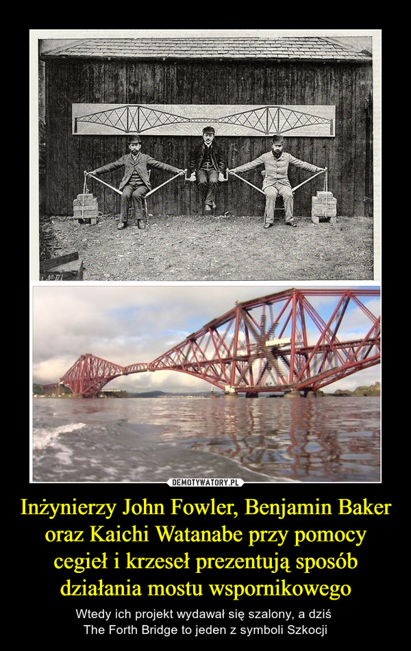 Inżynierzy John Fowler, Benjamin Baker oraz Kaichi Watanabe przy pomocy cegieł i krzeseł prezentują sposób działania mostu wspornikowego – Wtedy ich projekt wydawał się szalony, a dziś The Forth Bridge to jeden z symboli Szkocji 