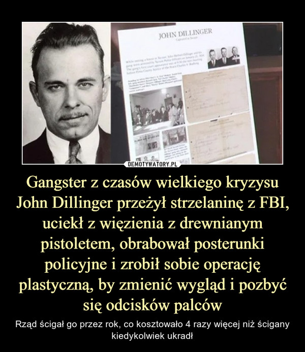 Gangster z czasów wielkiego kryzysu John Dillinger przeżył strzelaninę z FBI, uciekł z więzienia z drewnianym pistoletem, obrabował posterunki policyjne i zrobił sobie operację plastyczną, by zmienić wygląd i pozbyć się odcisków palców – Rząd ścigał go przez rok, co kosztowało 4 razy więcej niż ścigany kiedykolwiek ukradł 