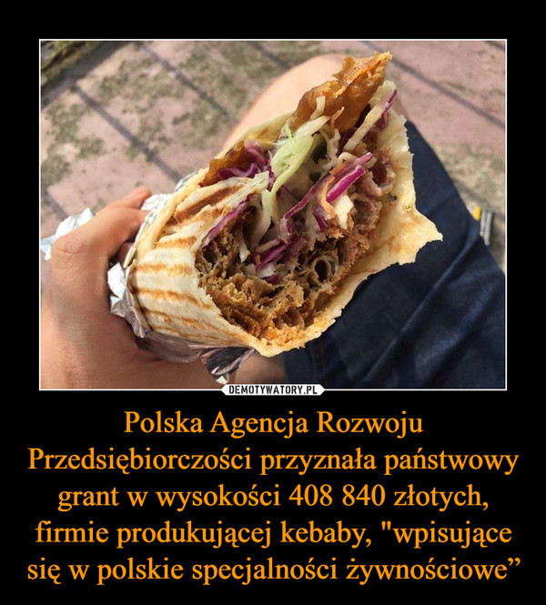 Polska Agencja Rozwoju Przedsiębiorczości przyznała państwowy grant w wysokości 408 840 złotych, firmie produkującej kebaby, "wpisujące się w polskie specjalności żywnościowe” –  