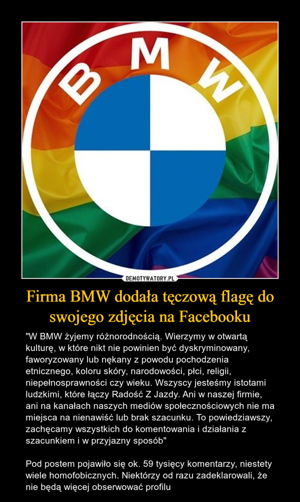 Firma BMW dodała tęczową flagę do swojego zdjęcia na Facebooku