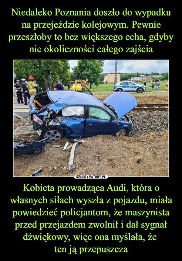 Kobieta prowadząca Audi, która o własnych siłach wyszła z pojazdu, miała powiedzieć policjantom, że maszynista przed przejazdem zwolnił i dał sygnał dźwiękowy, więc ona myślała, że ten ją przepuszcza –  