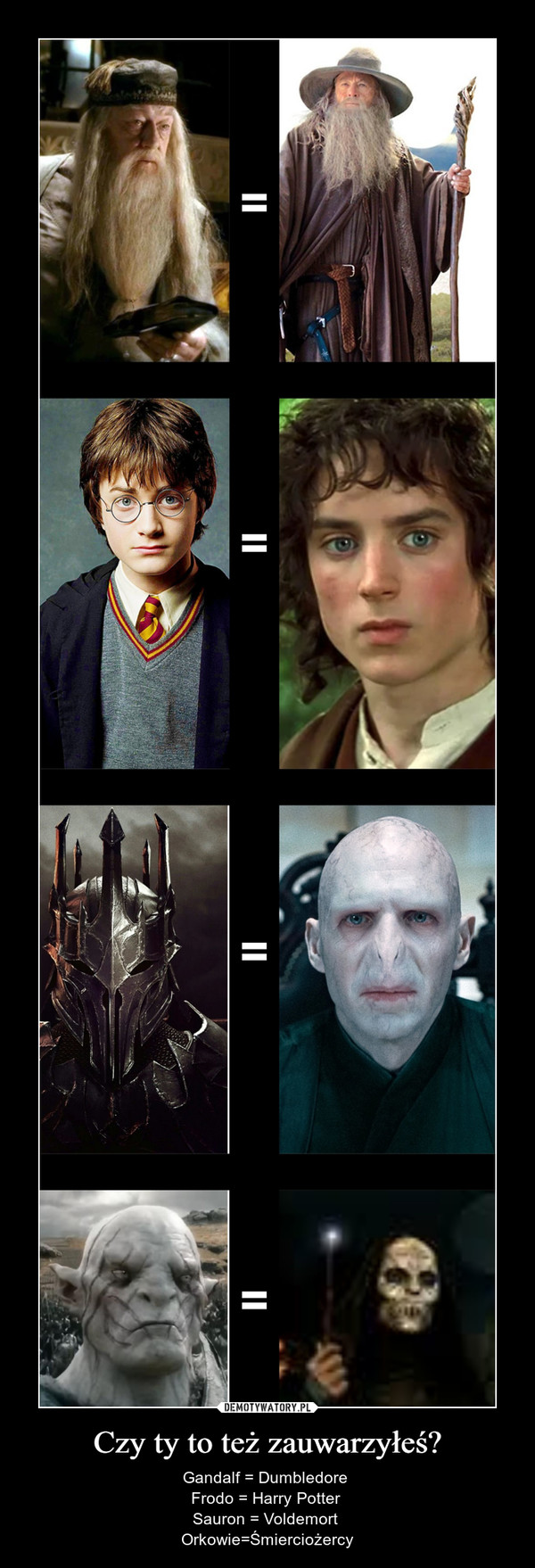 Czy ty to też zauwarzyłeś? – Gandalf = Dumbledore Frodo = Harry Potter Sauron = Voldemort Orkowie=Śmierciożercy 