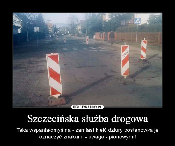 Szczecińska służba drogowa – Taka wspaniałomyślna - zamiast kleić dziury postanowiła je oznaczyć znakami - uwaga - pionowymi! 