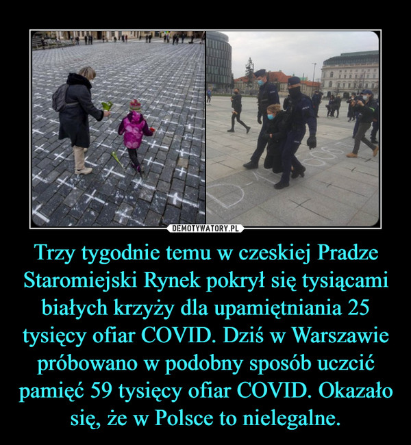 Trzy tygodnie temu w czeskiej Pradze Staromiejski Rynek pokrył się tysiącami białych krzyży dla upamiętniania 25 tysięcy ofiar COVID. Dziś w Warszawie próbowano w podobny sposób uczcić pamięć 59 tysięcy ofiar COVID. Okazało się, że w Polsce to nielegalne. –  