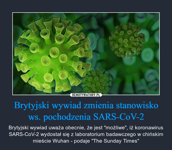 Brytyjski wywiad zmienia stanowisko ws. pochodzenia SARS-CoV-2 – Brytyjski wywiad uważa obecnie, że jest "możliwe", iż koronawirus SARS-CoV-2 wydostał się z laboratorium badawczego w chińskim mieście Wuhan - podaje "The Sunday Times" 