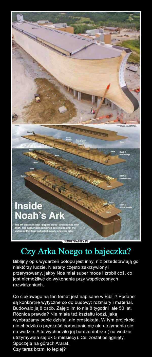 Czy Arka Noego to bajeczka? – Biblijny opis wydarzeń potopu jest inny, niż przedstawiają go niektórzy ludzie. Niestety często zakrzywiony i przerysowany, jakby Noe miał super moce i zrobił coś, co jest niemożliwe do wykonania przy współczesnych rozwiązaniach.Co ciekawego na ten temat jest napisane w Biblii? Podane są konkretne wytyczne co do budowy: rozmiary i materiał. Budowało ją 8 osób. Zajęło im to nie 8 tygodni  ale 50 lat. Różnica prawda? Nie miała też kształtu łodzi, jaką wyobrażamy sobie dzisiaj, ale prostokąta. W tym projekcie nie chodziło o prędkość poruszania się ale utrzymania się na wodzie. A to wychodziło jej bardzo dobrze ( na wodzie utrzymywała się ok 5 miesiecy). Cel został osiągnięty. Spoczęła na górach Ararat.  Czy teraz brzmi to lepiej? 