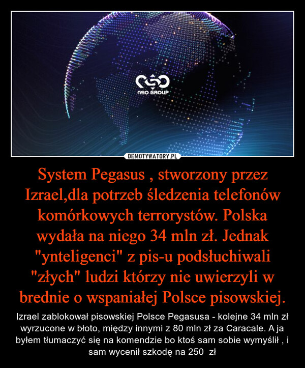 System Pegasus , stworzony przez Izrael,dla potrzeb śledzenia telefonów komórkowych terrorystów. Polska wydała na niego 34 mln zł. Jednak "ynteligenci" z pis-u podsłuchiwali "złych" ludzi którzy nie uwierzyli w brednie o wspaniałej Polsce pisowskiej. – Izrael zablokował pisowskiej Polsce Pegasusa - kolejne 34 mln zł wyrzucone w błoto, między innymi z 80 mln zł za Caracale. A ja byłem tłumaczyć się na komendzie bo ktoś sam sobie wymyślił , i sam wycenił szkodę na 250  zł 