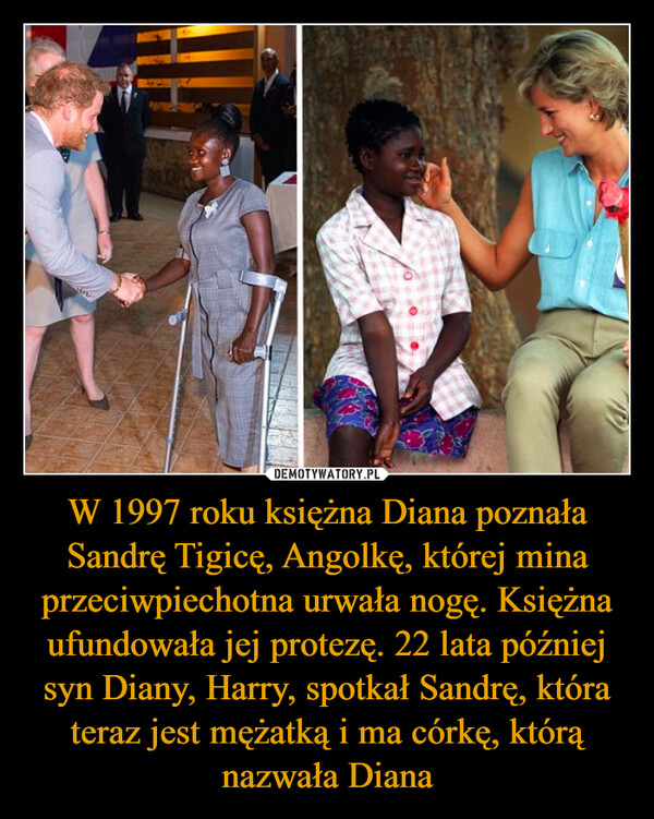 W 1997 roku księżna Diana poznała Sandrę Tigicę, Angolkę, której mina przeciwpiechotna urwała nogę. Księżna ufundowała jej protezę. 22 lata później syn Diany, Harry, spotkał Sandrę, która teraz jest mężatką i ma córkę, którą nazwała Diana –  