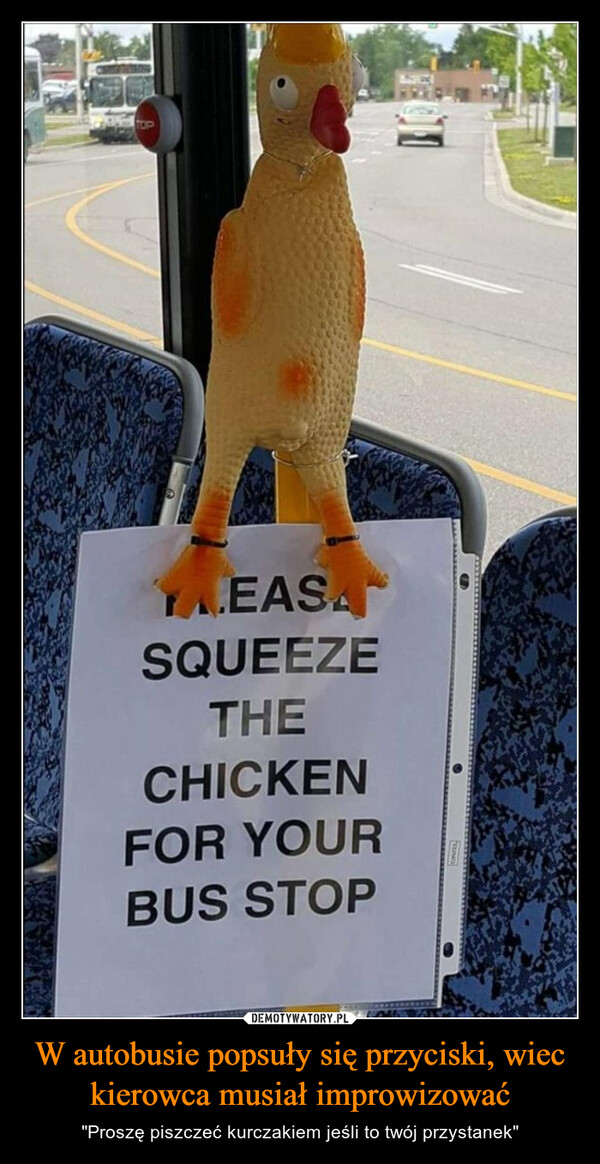 W autobusie popsuły się przyciski, wiec kierowca musiał improwizować – "Proszę piszczeć kurczakiem jeśli to twój przystanek" SQUEEZETHECHICKENFOR YOURBUS STOP