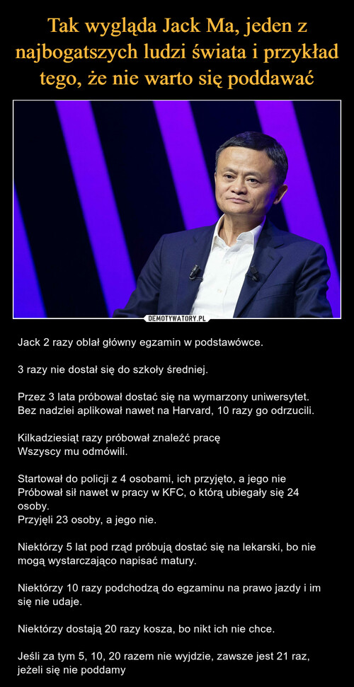 Tak wygląda Jack Ma, jeden z najbogatszych ludzi świata i przykład tego, że nie warto się poddawać
