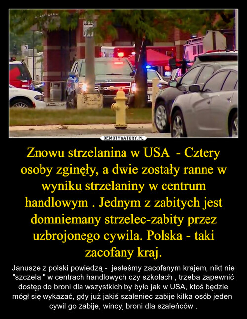 Znowu strzelanina w USA  - Cztery osoby zginęły, a dwie zostały ranne w wyniku strzelaniny w centrum handlowym . Jednym z zabitych jest domniemany strzelec-zabity przez uzbrojonego cywila. Polska - taki zacofany kraj.