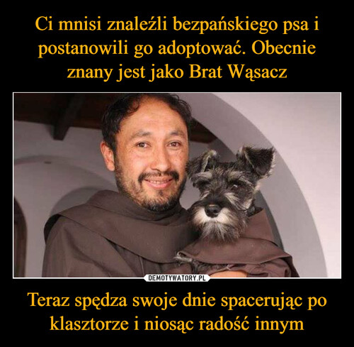 Ci mnisi znaleźli bezpańskiego psa i postanowili go adoptować. Obecnie znany jest jako Brat Wąsacz Teraz spędza swoje dnie spacerując po klasztorze i niosąc radość innym