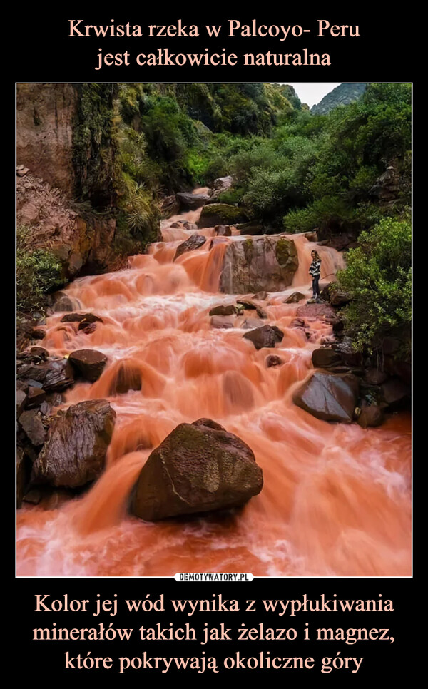 Krwista rzeka w Palcoyo- Peru
jest całkowicie naturalna Kolor jej wód wynika z wypłukiwania minerałów takich jak żelazo i magnez, które pokrywają okoliczne góry