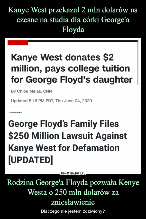 Rodzina George'a Floyda pozwała Kenye Westa o 250 mln dolarów za zniesławienie – Dlaczego nie jestem zdziwiony? 