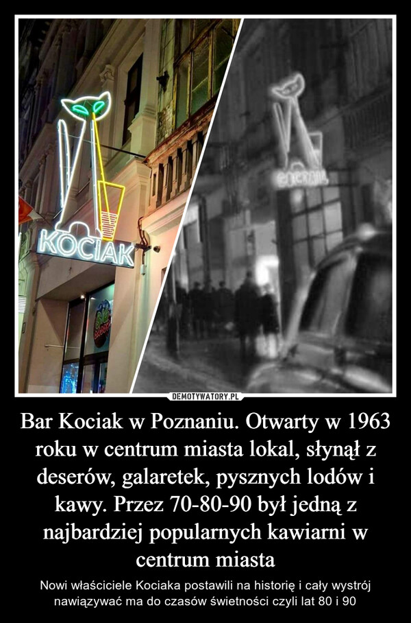 Bar Kociak w Poznaniu. Otwarty w 1963 roku w centrum miasta lokal, słynął z deserów, galaretek, pysznych lodów i kawy. Przez 70-80-90 był jedną z najbardziej popularnych kawiarni w centrum miasta – Nowi właściciele Kociaka postawili na historię i cały wystrój nawiązywać ma do czasów świetności czyli lat 80 i 90 