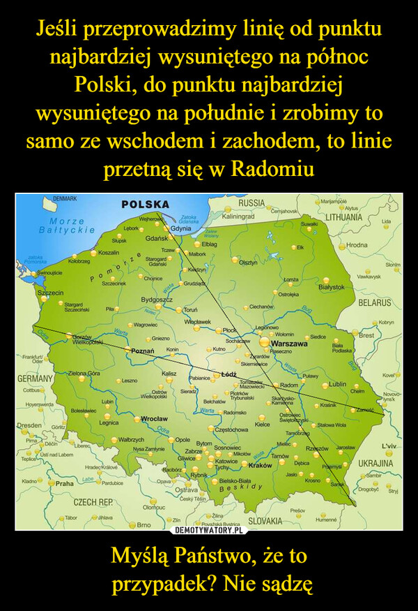 Jeśli przeprowadzimy linię od punktu najbardziej wysuniętego na północ Polski, do punktu najbardziej wysuniętego na południe i zrobimy to samo ze wschodem i zachodem, to linie przetną się w Radomiu Myślą Państwo, że to
 przypadek? Nie sądzę